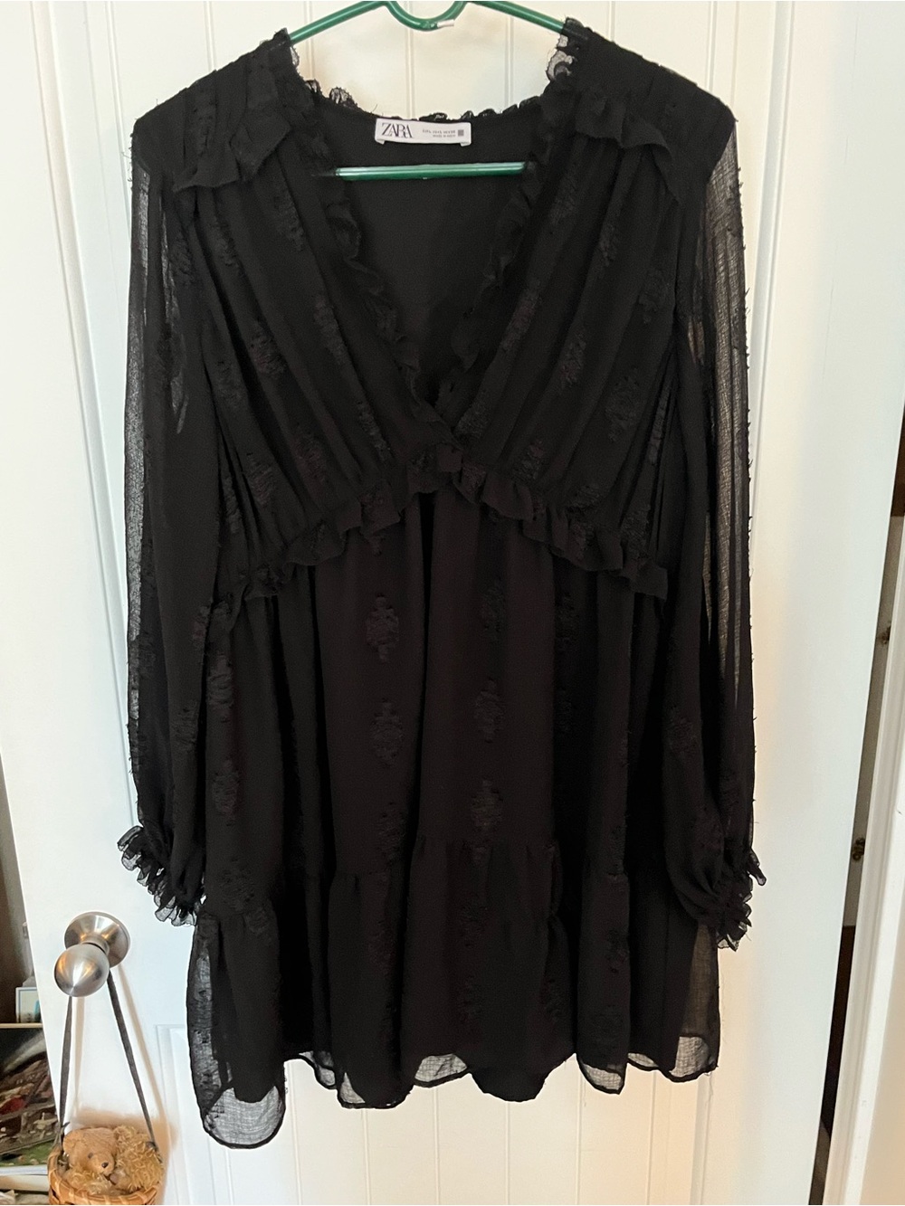 Zara Black Sheer Ruffle V-Neck Babydoll Mini